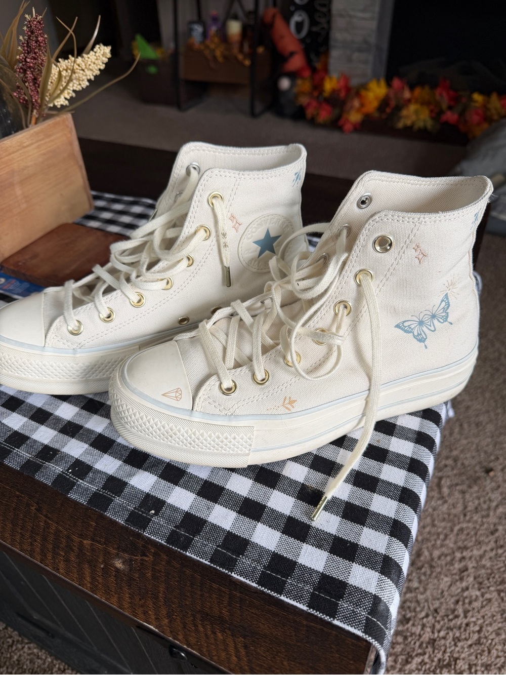Converse Women's High-Top Sneakers in Cream with Blue Accents
